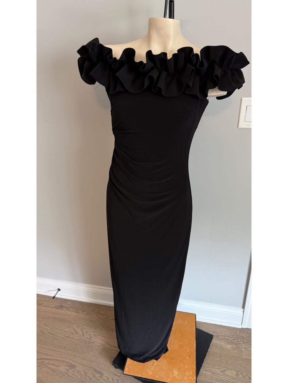 Xscape Black Off-Shoulder Ruffle Strapless Dress